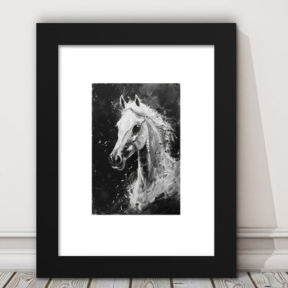 Black And White Horse Portrait Knife Painting, Framed Picture Print, Framed Art Prints White Border Wall Decor