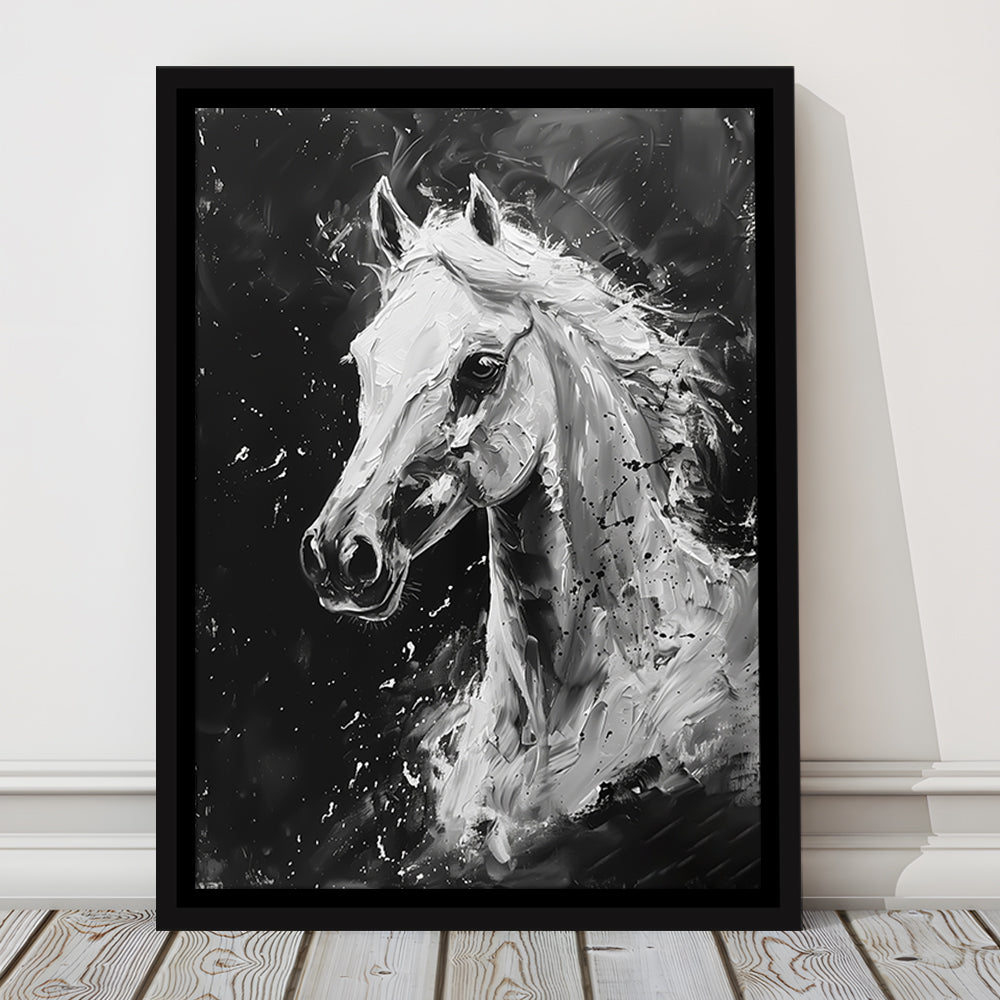 Black And White Horse Portrait Knife Painting, Floating Framed Canvas Art Print,, Framed Canvas Prints Wall Art