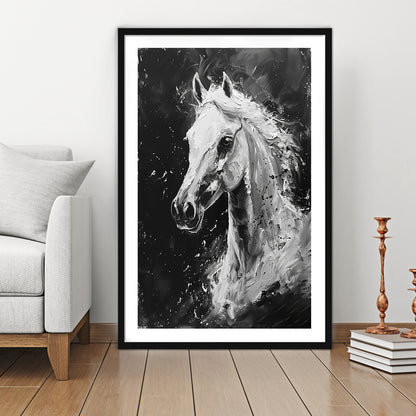 Black And White Horse Portrait Knife Painting, Framed Picture Print, Framed Art Prints White Border Wall Decor