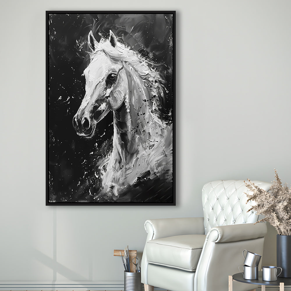 Black And White Horse Portrait Knife Painting, Floating Framed Canvas Art Print,, Framed Canvas Prints Wall Art