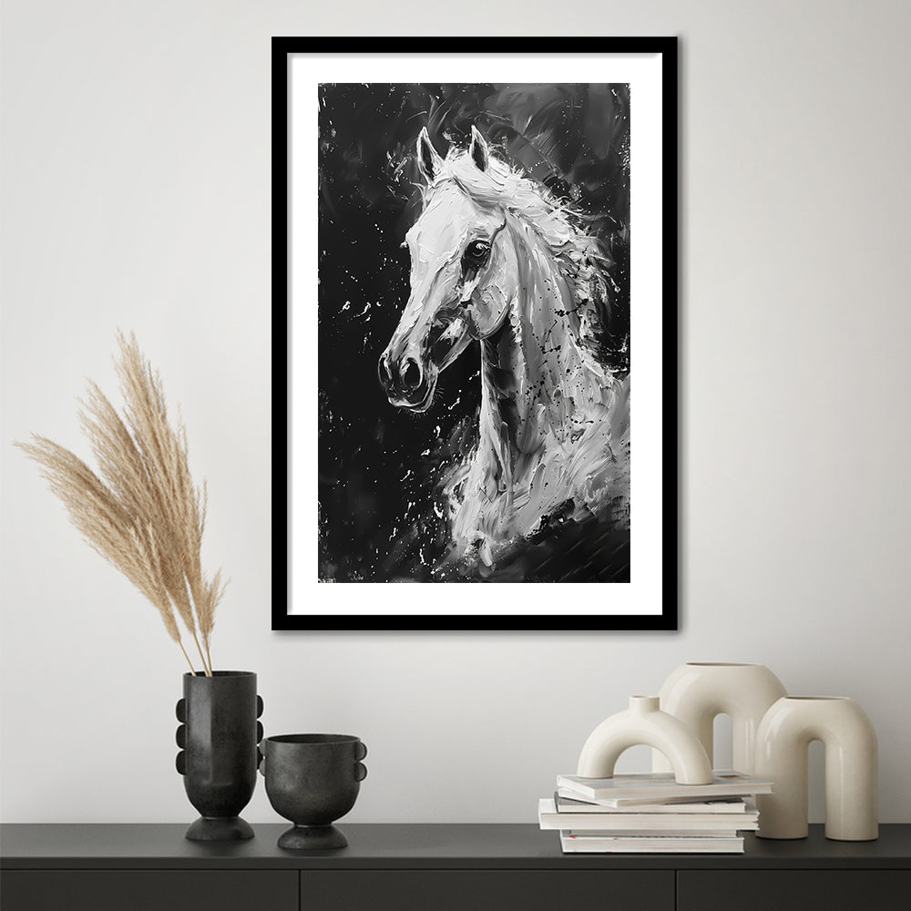 Black And White Horse Portrait Knife Painting, Framed Picture Print, Framed Art Prints White Border Wall Decor