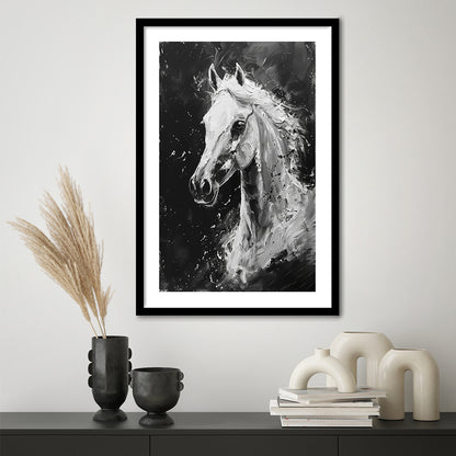 Black And White Horse Portrait Knife Painting, Framed Picture Print, Framed Art Prints White Border Wall Decor