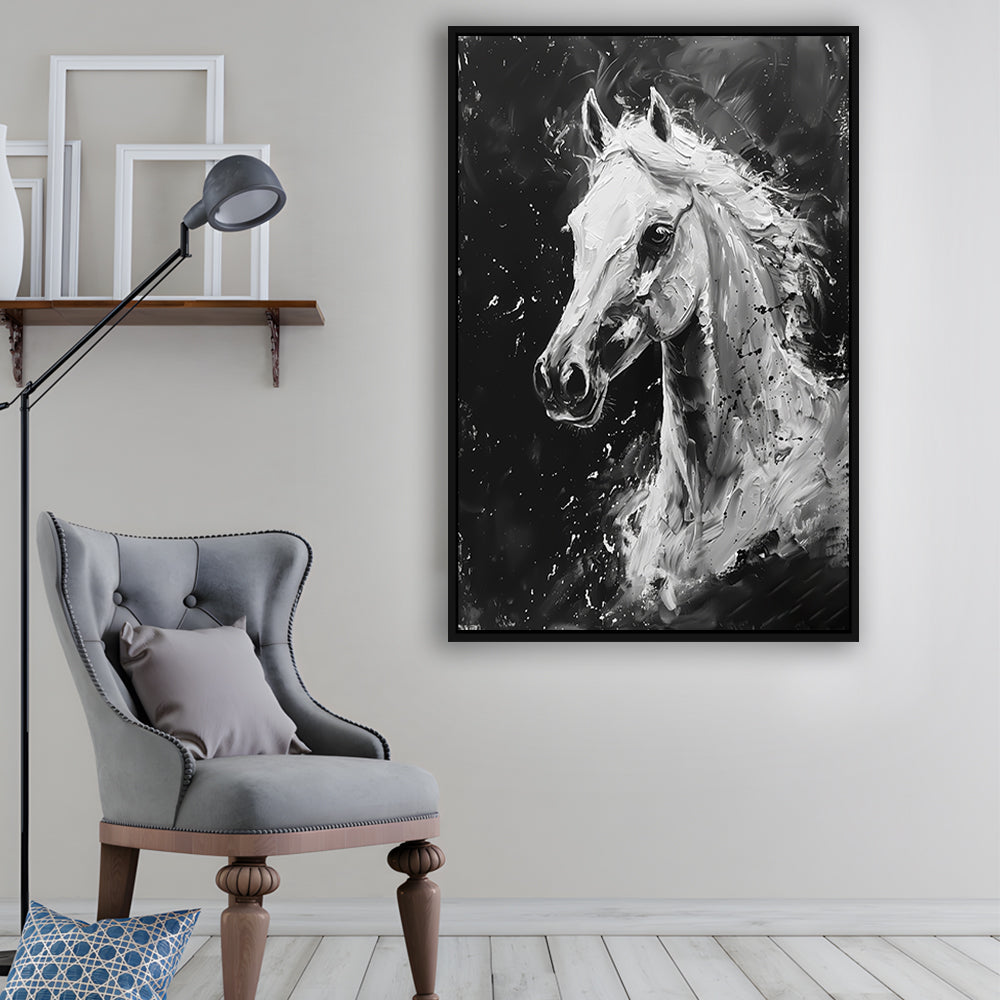 Black And White Horse Portrait Knife Painting, Floating Framed Canvas Art Print,, Framed Canvas Prints Wall Art