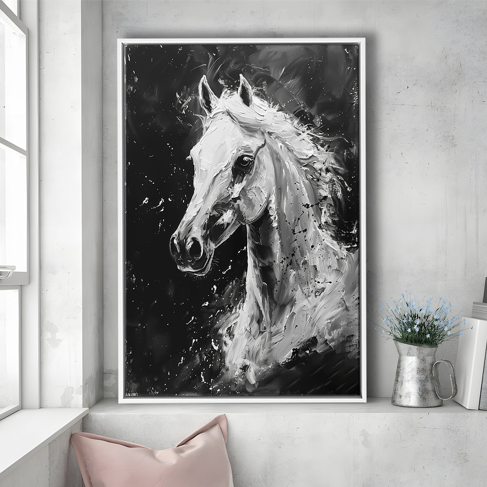 Black And White Horse Portrait Knife Painting, Floating Framed Canvas Art Print,, Framed Canvas Prints Wall Art
