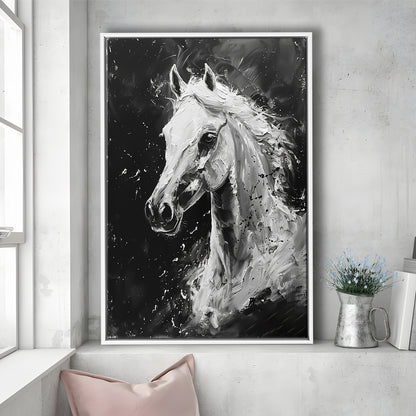 Black And White Horse Portrait Knife Painting, Floating Framed Canvas Art Print,, Framed Canvas Prints Wall Art