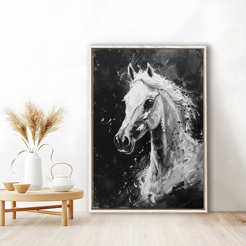 Black And White Horse Portrait Knife Painting, Floating Framed Canvas Art Print,, Framed Canvas Prints Wall Art