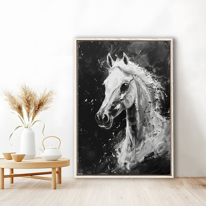 Black And White Horse Portrait Knife Painting, Floating Framed Canvas Art Print,, Framed Canvas Prints Wall Art