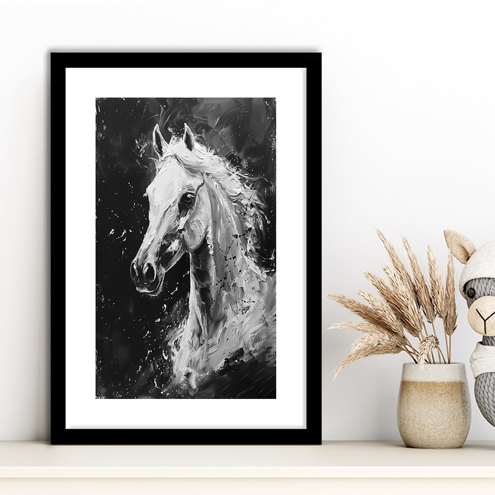 Black And White Horse Portrait Knife Painting, Framed Picture Print, Framed Art Prints White Border Wall Decor
