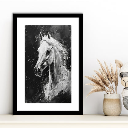 Black And White Horse Portrait Knife Painting, Framed Picture Print, Framed Art Prints White Border Wall Decor