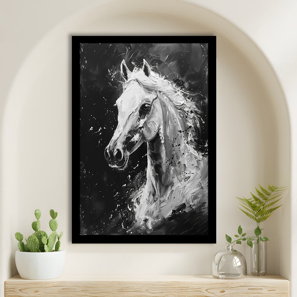 Black And White Horse Portrait Knife Painting, Framed Picture Print,, Framed Art Prints Wall Decor