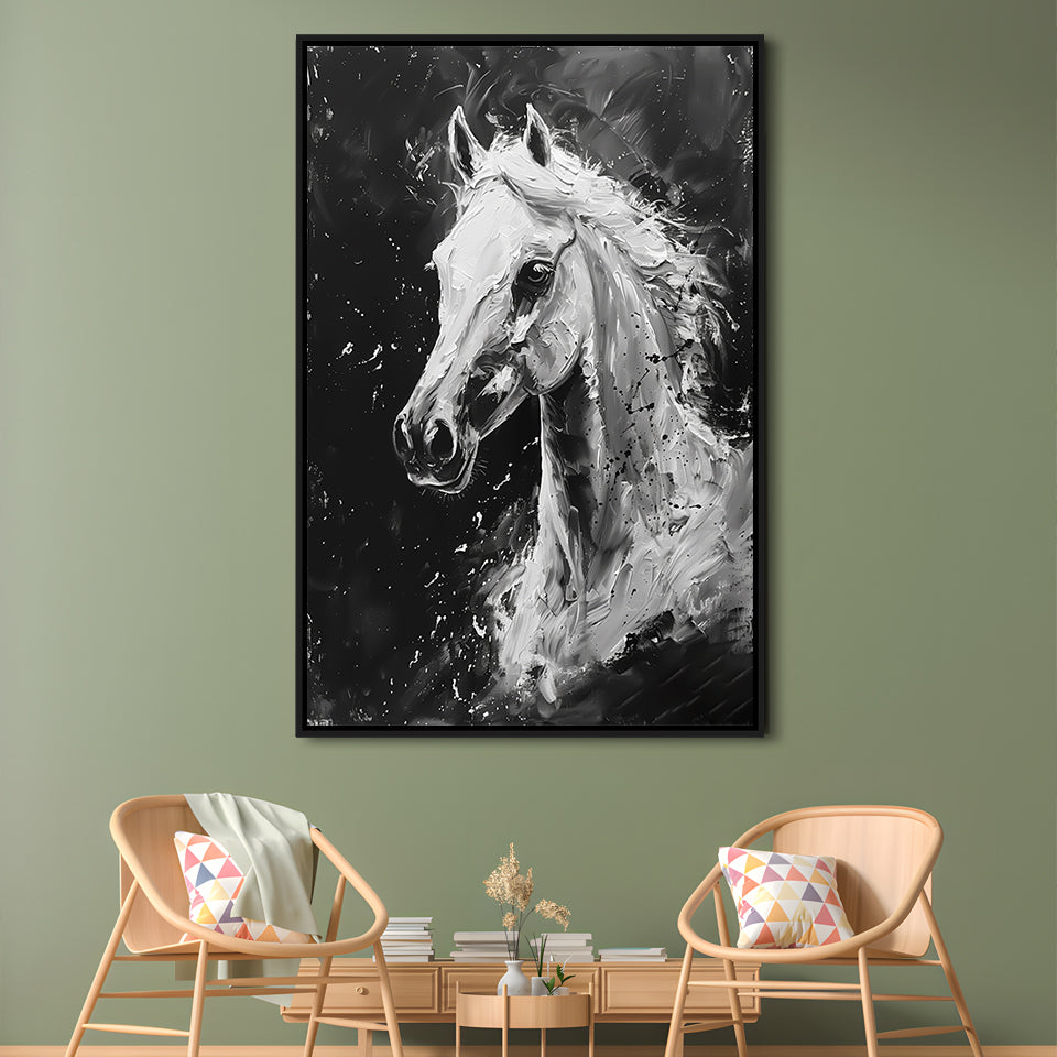 Black And White Horse Portrait Knife Painting, Floating Framed Canvas Art Print,, Framed Canvas Prints Wall Art