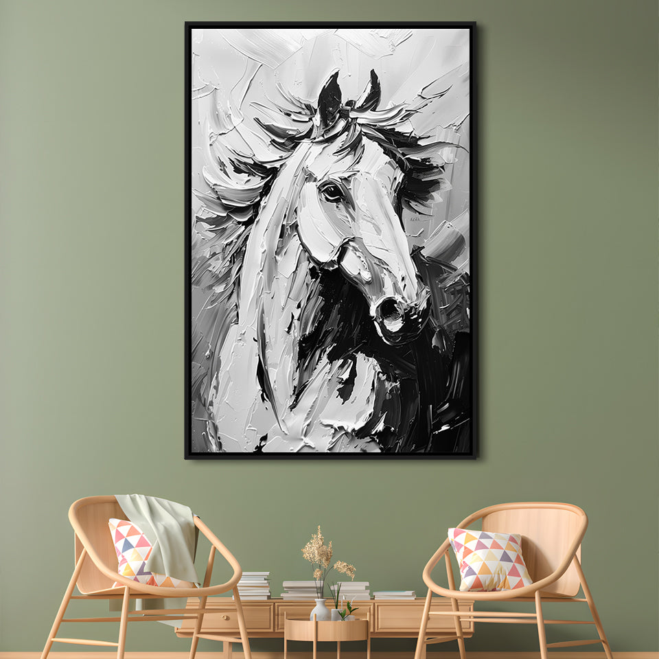 Black And White Horse Portrait Unique Art, Floating Framed Canvas Art Print,, Framed Canvas Prints Wall Art