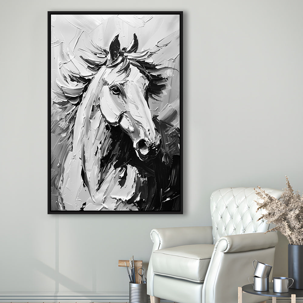 Black And White Horse Portrait Unique Art, Floating Framed Canvas Art Print,, Framed Canvas Prints Wall Art