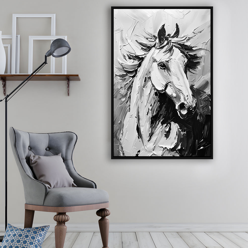 Black And White Horse Portrait Unique Art, Floating Framed Canvas Art Print,, Framed Canvas Prints Wall Art