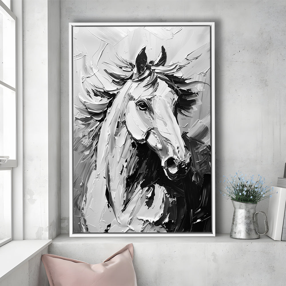 Black And White Horse Portrait Unique Art, Floating Framed Canvas Art Print,, Framed Canvas Prints Wall Art