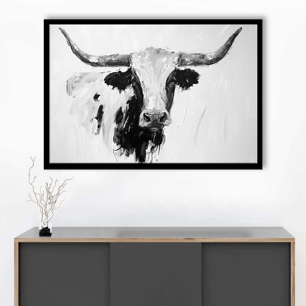 Black And White Longhorn Cow Knife Oil Paing, Framed  Print, Painting Art, Framed Art Print Wall Decor, Framed Picture