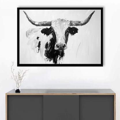 Black And White Longhorn Cow Knife Oil Paing, Framed  Print, Painting Art, Framed Art Print Wall Decor, Framed Picture