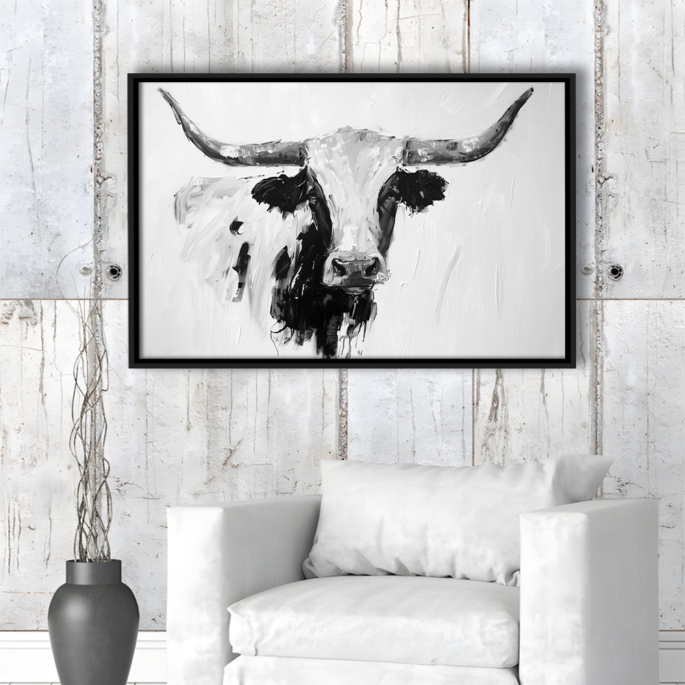 Black And White Longhorn Cow Knife Oil Paing, Framed Canvas Print, Painting Art, Floating Framed Canvas Print Wall Art