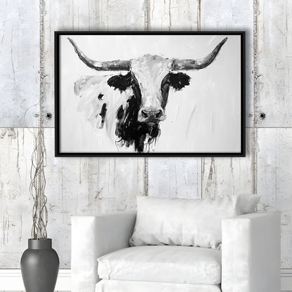 Black And White Longhorn Cow Knife Oil Paing, Framed Canvas Print, Painting Art, Floating Framed Canvas Print Wall Art
