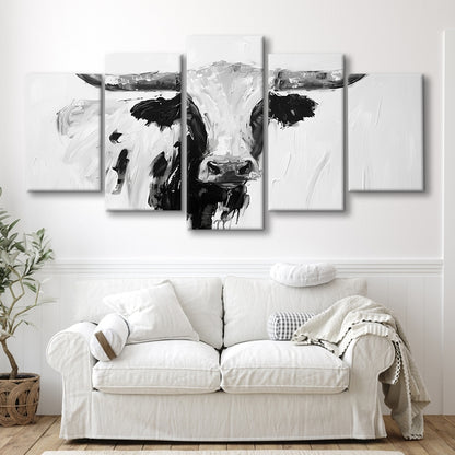 Black And White Longhorn Cow Knife Oil Paing, Canvas Art Decor Print, Painting Art, Mixed Panels Canvas Print Wall Art