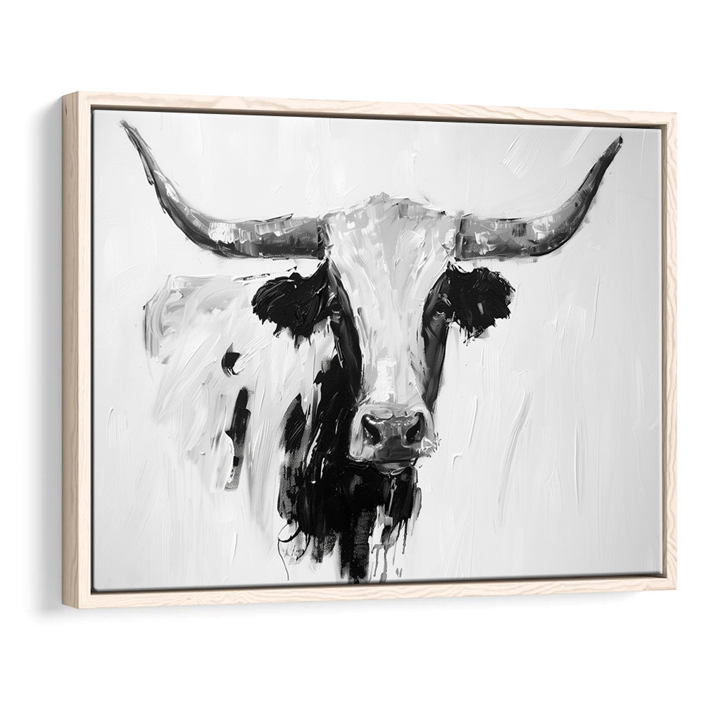 Black And White Longhorn Cow Knife Oil Paing, Framed Canvas Print, Painting Art, Floating Framed Canvas Print Wall Art