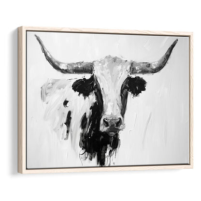 Black And White Longhorn Cow Knife Oil Paing, Framed Canvas Print, Painting Art, Floating Framed Canvas Print Wall Art