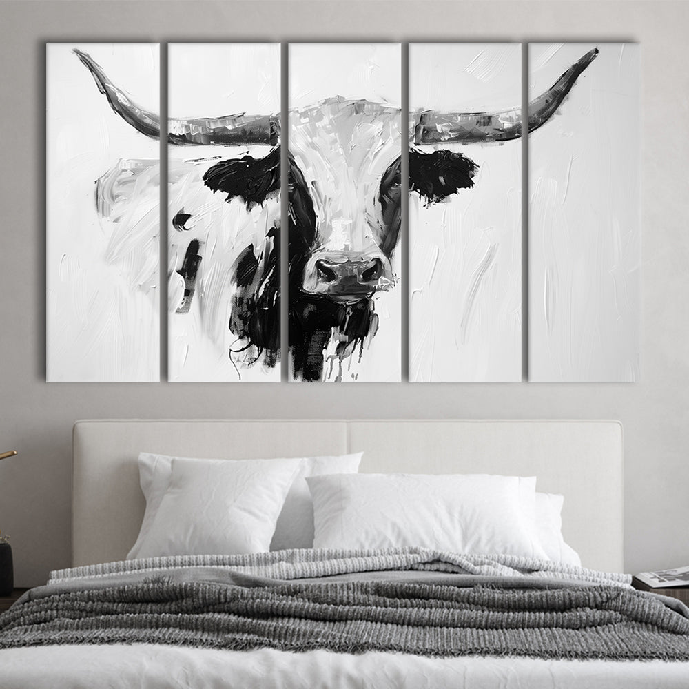 Black And White Longhorn Cow Knife Oil Paing, Canvas Art Print, Painting Art, Multi Panels Canvas Print Wall Art