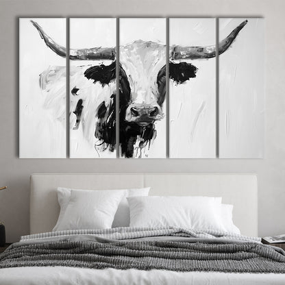 Black And White Longhorn Cow Knife Oil Paing, Canvas Art Print, Painting Art, Multi Panels Canvas Print Wall Art