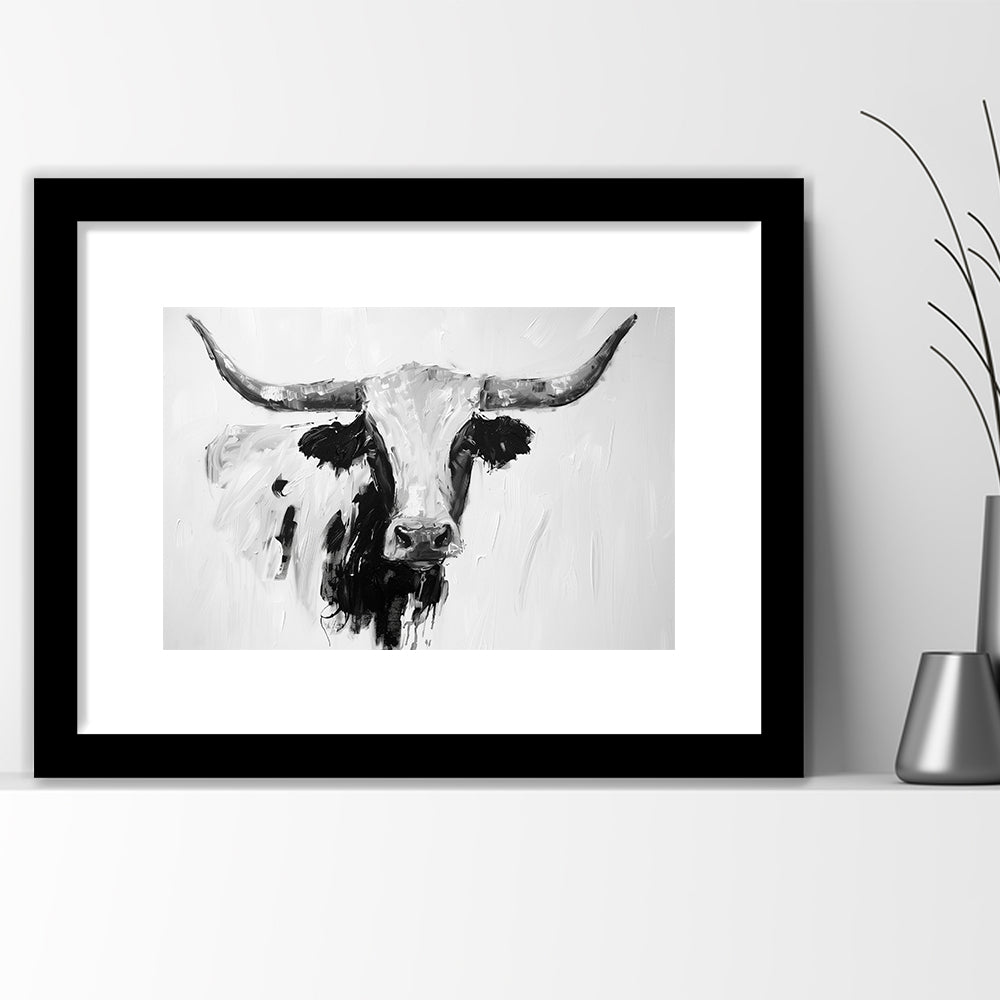 Black And White Longhorn Cow Knife Oil Paing, Framed  Print, Painting Art, Framed Art Print White Border Wall Decor