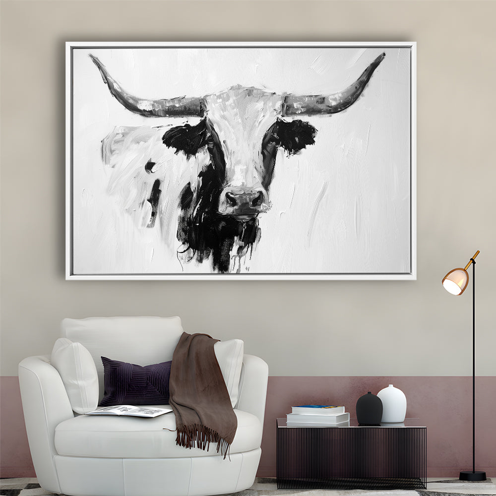 Black And White Longhorn Cow Knife Oil Paing, Framed Canvas Print, Painting Art, Floating Framed Canvas Print Wall Art