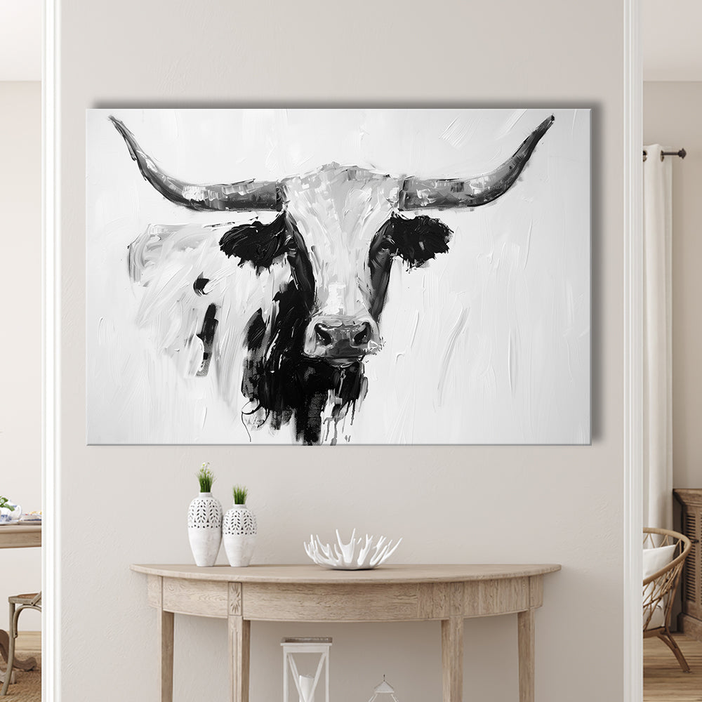 Black And White Longhorn Cow Knife Oil Paing, Canvas Art Decor Print, Painting Art, Canvas Print Wall Art Home Decor