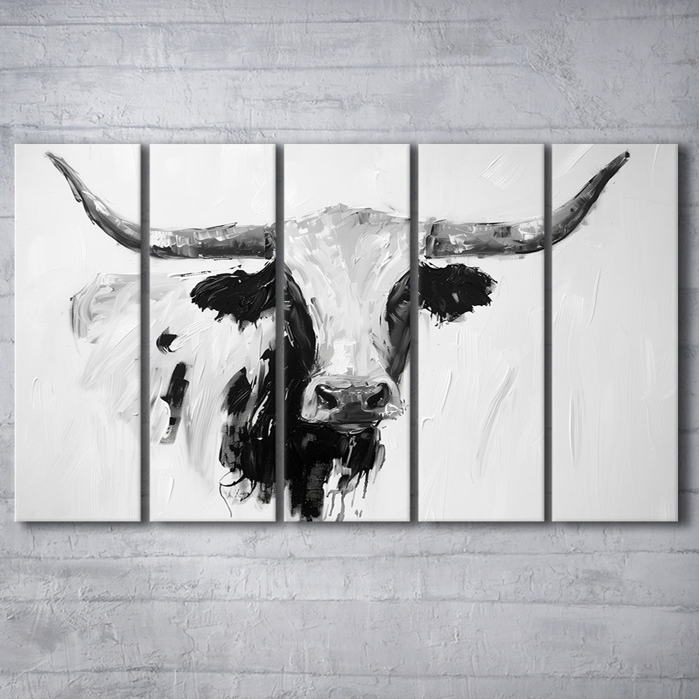 Black And White Longhorn Cow Knife Oil Paing, Canvas Art Print, Painting Art, Multi Panels Canvas Print Wall Art
