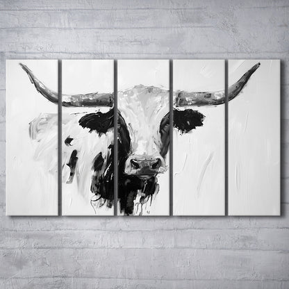 Black And White Longhorn Cow Knife Oil Paing, Canvas Art Print, Painting Art, Multi Panels Canvas Print Wall Art