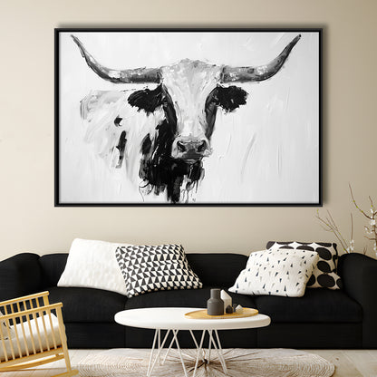 Black And White Longhorn Cow Knife Oil Paing, Framed Canvas Print, Painting Art, Floating Framed Canvas Print Wall Art