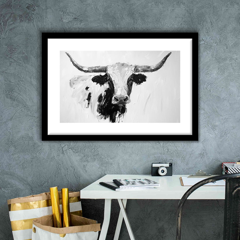 Black And White Longhorn Cow Knife Oil Paing, Framed  Print, Painting Art, Framed Art Print White Border Wall Decor