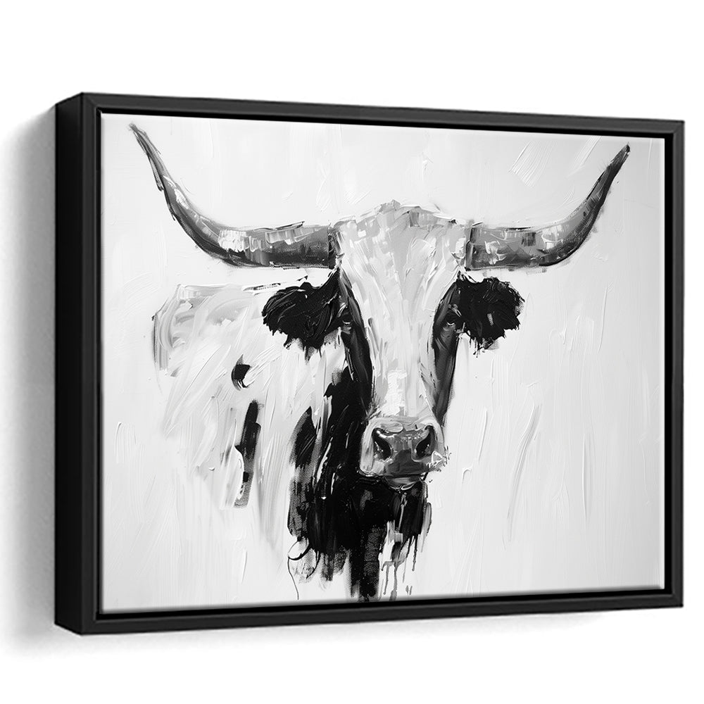 Black And White Longhorn Cow Knife Oil Paing, Framed Canvas Print, Painting Art, Floating Framed Canvas Print Wall Art