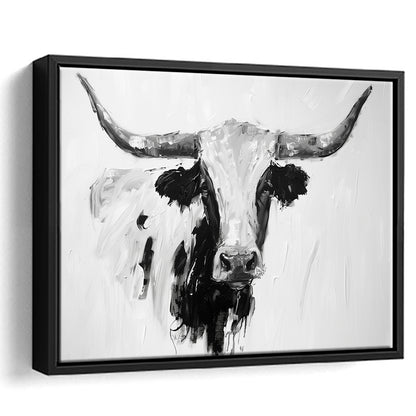 Black And White Longhorn Cow Knife Oil Paing, Framed Canvas Print, Painting Art, Floating Framed Canvas Print Wall Art