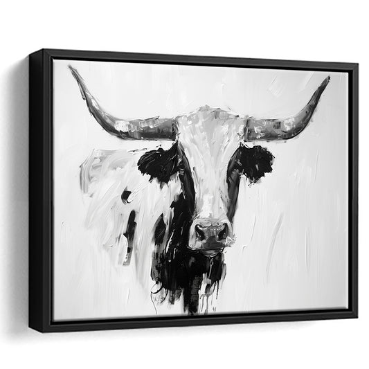 Black And White Longhorn Cow Knife Oil Paing, Framed Canvas Print, Painting Art, Floating Framed Canvas Print Wall Art