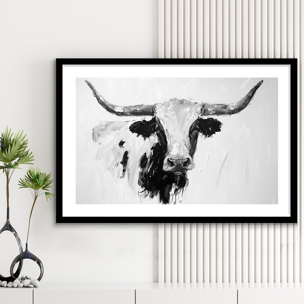 Black And White Longhorn Cow Knife Oil Paing, Framed  Print, Painting Art, Framed Art Print White Border Wall Decor