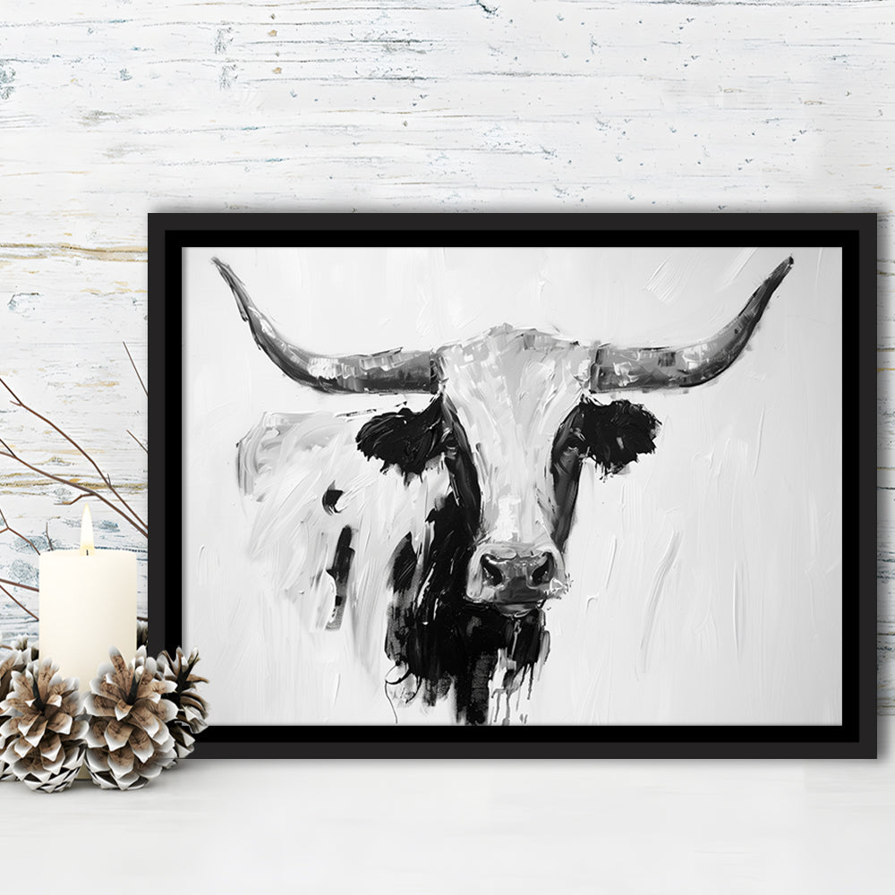 Black And White Longhorn Cow Knife Oil Paing, Framed Canvas Print, Painting Art, Floating Framed Canvas Print Wall Art