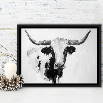 Black And White Longhorn Cow Knife Oil Paing, Framed Canvas Print, Painting Art, Floating Framed Canvas Print Wall Art