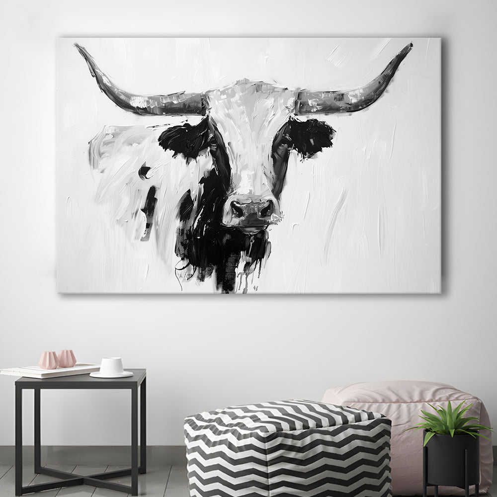 Black And White Longhorn Cow Knife Oil Paing, Canvas Art Decor Print, Painting Art, Canvas Print Wall Art Home Decor