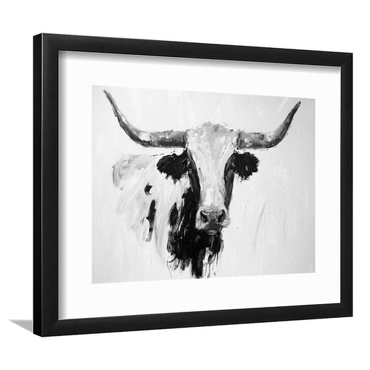 Black And White Longhorn Cow Knife Oil Paing, Framed  Print, Painting Art, Framed Art Print White Border Wall Decor