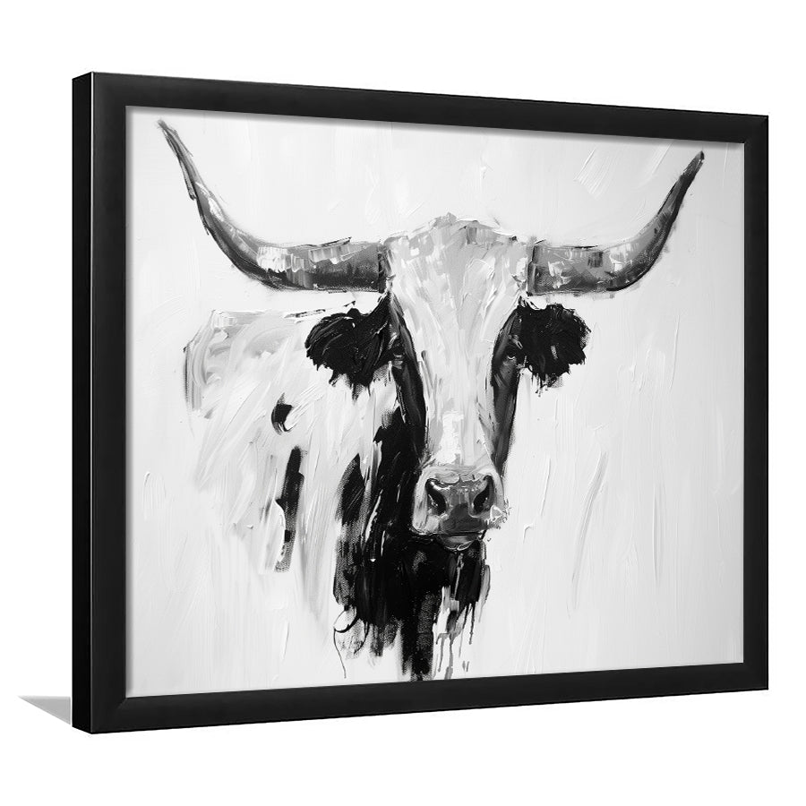 Black And White Longhorn Cow Knife Oil Paing, Framed  Print, Painting Art, Framed Art Print Wall Decor, Framed Picture