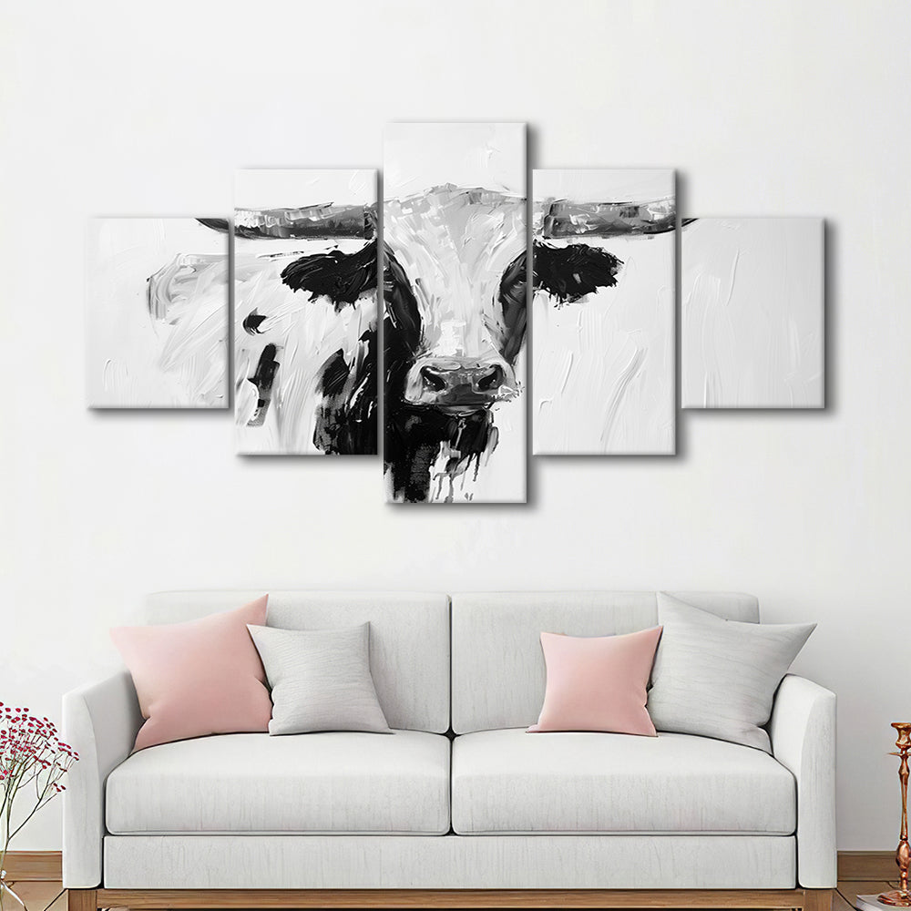 Black And White Longhorn Cow Knife Oil Paing, Canvas Art Decor Print, Painting Art, Mixed Panels Canvas Print Wall Art