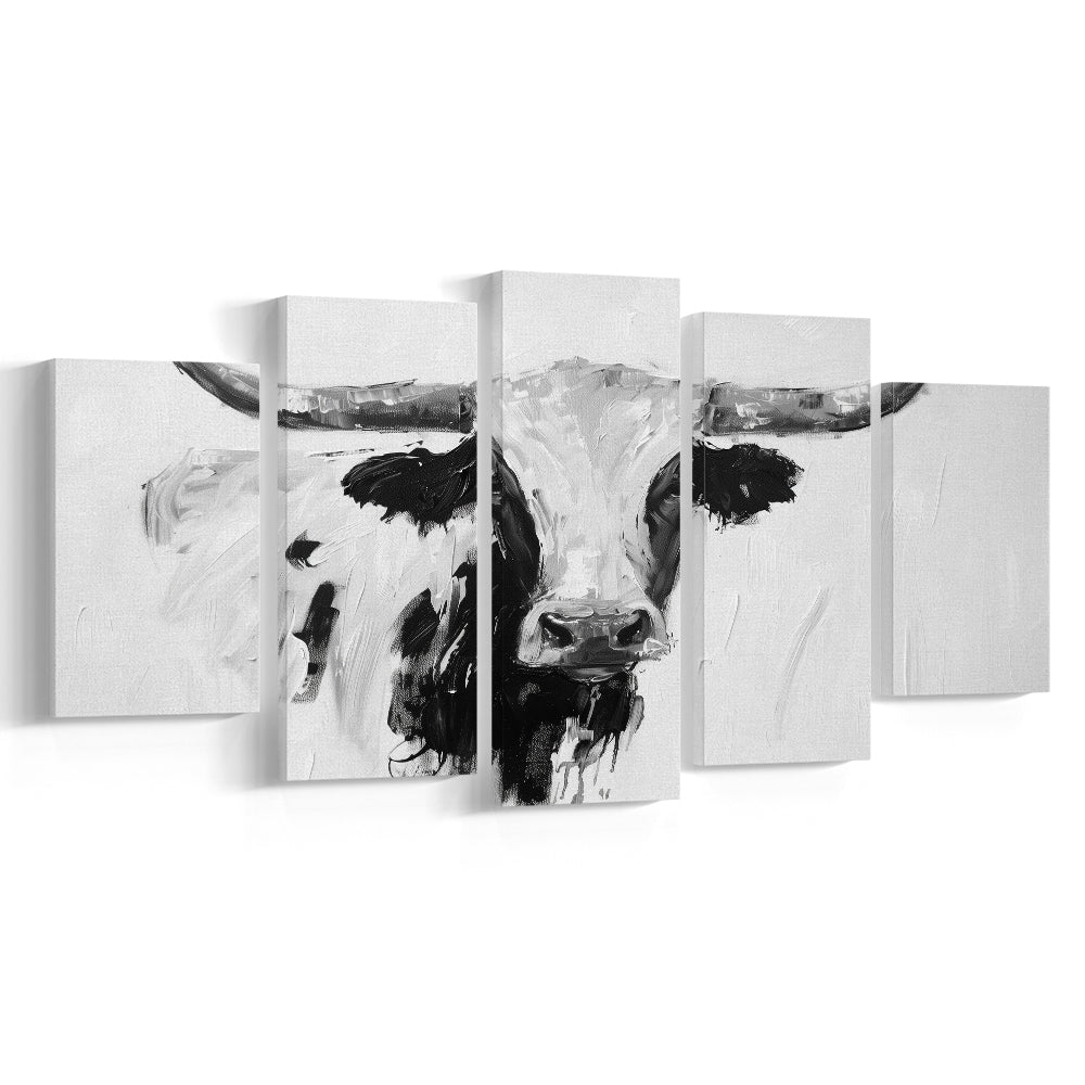 Black And White Longhorn Cow Knife Oil Paing, Canvas Art Decor Print, Painting Art, Mixed Panels Canvas Print Wall Art
