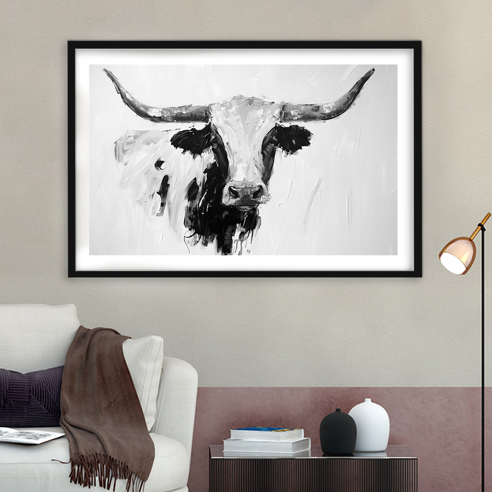 Black And White Longhorn Cow Knife Oil Paing, Framed  Print, Painting Art, Framed Art Print White Border Wall Decor