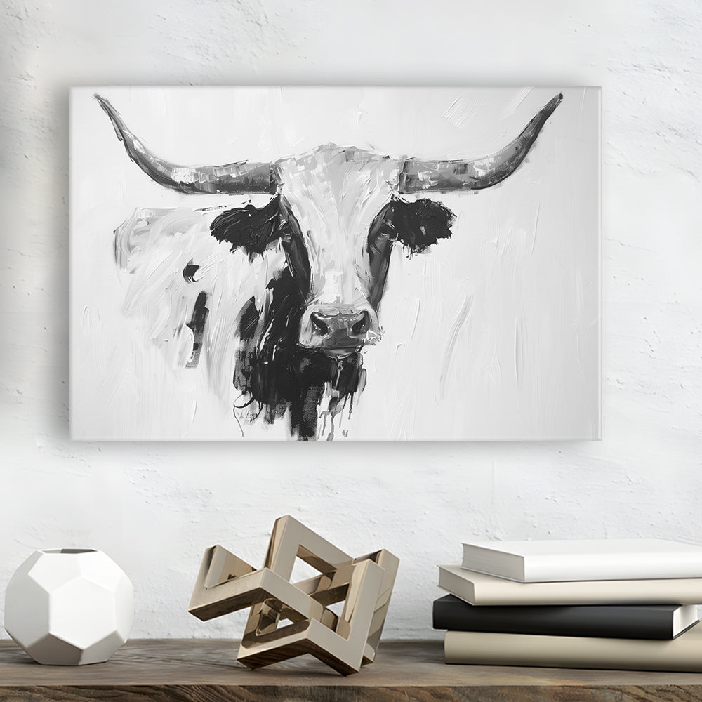 Black And White Longhorn Cow Knife Oil Paing, Canvas Art Decor Print, Painting Art, Canvas Print Wall Art Home Decor