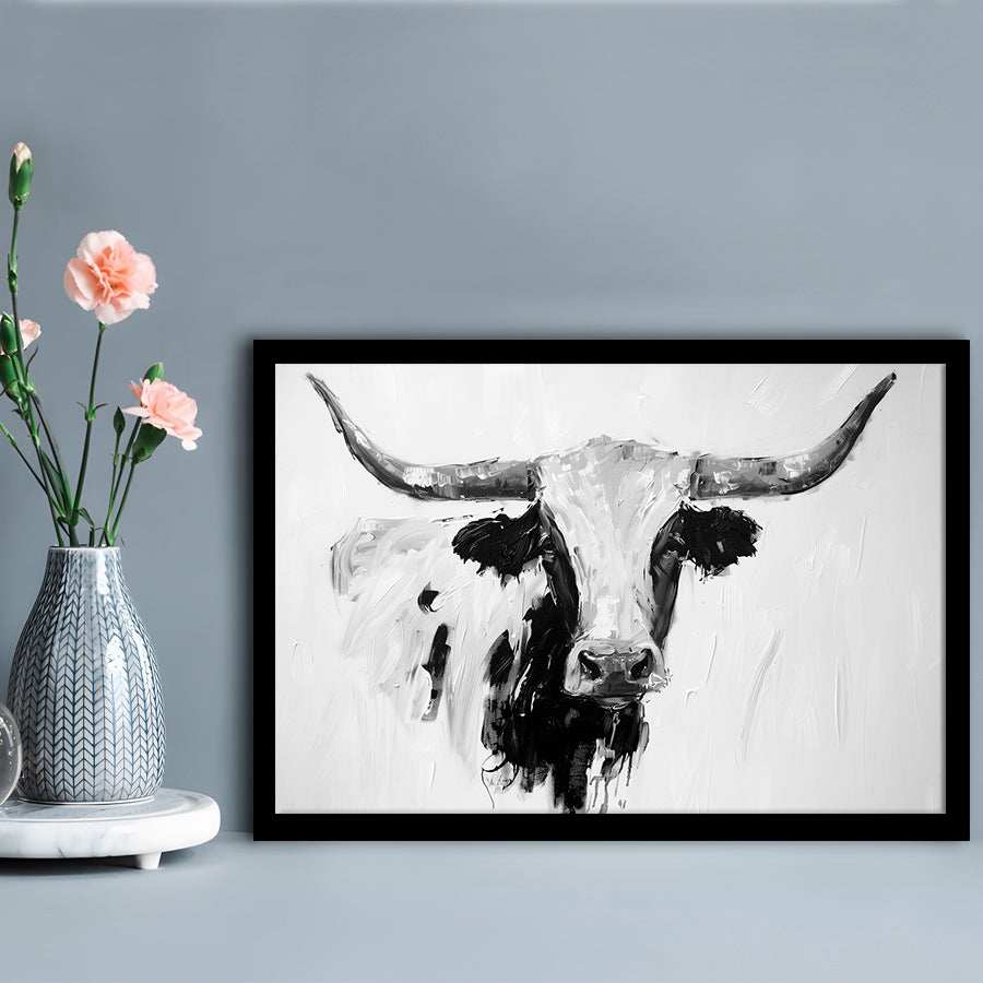 Black And White Longhorn Cow Knife Oil Paing, Framed  Print, Painting Art, Framed Art Print Wall Decor, Framed Picture