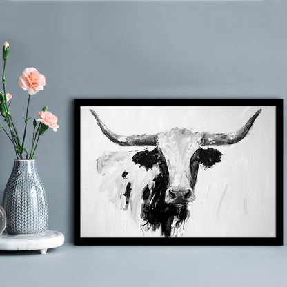 Black And White Longhorn Cow Knife Oil Paing, Framed  Print, Painting Art, Framed Art Print Wall Decor, Framed Picture